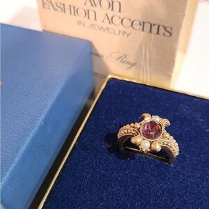Vintage Avon Gold-Tone Ring with Purple Center and Pearl Accents